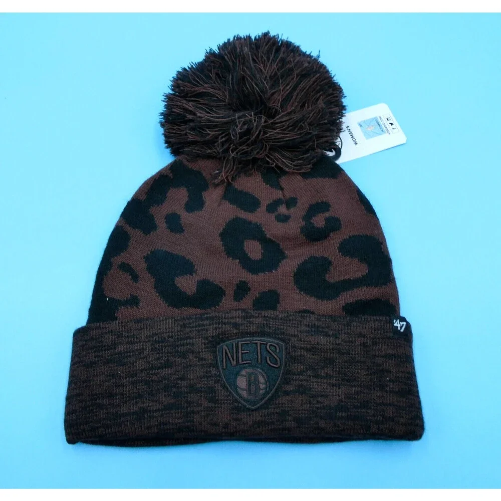 '47 Brand Brooklyn Nets Winter Hat Womens Brown Knit Basketball Beanie Pom New